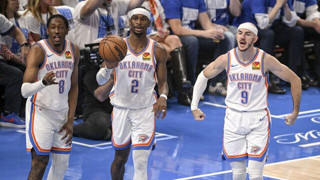 OKLAHOMA CITY, OK - MAY 13: Jalen Williams (8), Shai Gilgeous-Alexander (2) and Alex Caruso (9) of the Oklahoma City Thunder react to a foul called on Gilgeous-Alexander as Nikola Jokic (15) of the Denver Nuggets shot during the first quarter Paycom Center in Oklahoma City on Tuesday, May 13, 2025.