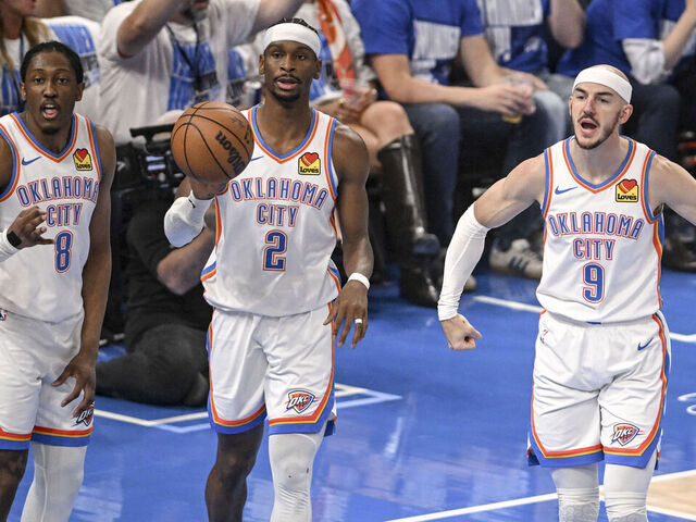 OKLAHOMA CITY, OK - MAY 13: Jalen Williams (8), Shai Gilgeous-Alexander (2) and Alex Caruso (9) of the Oklahoma City Thunder react to a foul called on Gilgeous-Alexander as Nikola Jokic (15) of the Denver Nuggets shot during the first quarter Paycom Center in Oklahoma City on Tuesday, May 13, 2025.