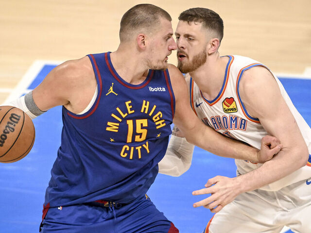 OKLAHOMA CITY, OK - MAY 13: Isaiah Hartenstein (55) of the Oklahoma City Thunder plays defense nose to nose with Nikola Jokic (15) of the Denver Nuggets during the fourth quarter of OKC's 112-105 win at Paycom Center in Oklahoma City on Tuesday, May 13, 2025.