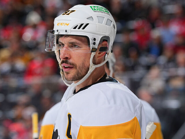 NEWARK, NJ - APRIL 11: Sidney Crosby #87 of the Pittsburgh Penguins skates in the first period of the game against the New Jersey Devils at Prudential Center on April 11, 2025 in Newark, New Jersey.