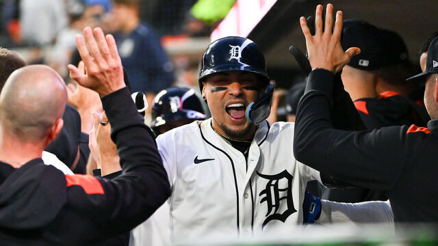 DETROIT, MI - MAY 13: Detroit Tigers third base Javier Báez (28) celebrates in the dugout following his 3 run homer during the game between the Detroit Tigers versus the Boston Red Sox on Tuesday May 13, 2025 at Comerica Park in Detroit, MI.
