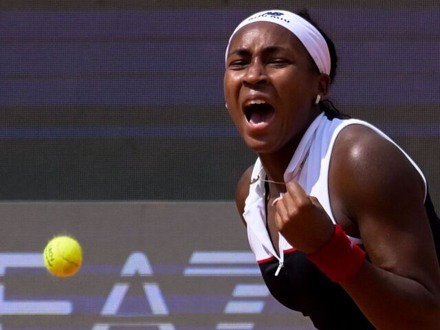 ROME, ITALY - MAY 14: Coco Gauff of United States celebrates the victory against Mirra Andreeva in the Women's Singles Quarter Final match during Day Ten of the Internazionali BNL D'Italia 2025 at Foro Italico on May 14, 2025 in Rome, Italy.