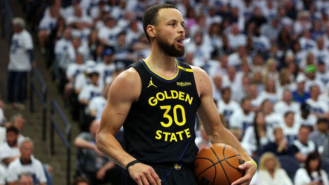 MINNEAPOLIS, MINNESOTA - MAY 06: Stephen Curry #30 of the Golden State Warriors looks on against the Minnesota Timberwolves in the second quarter of Game One of the Second Round of the 2025 NBA Playoffs at Target Center on May 06, 2025 in Minneapolis, Minnesota. The Warriors defeated the Timberwolves 99-88 to take a 1-0 series lead.