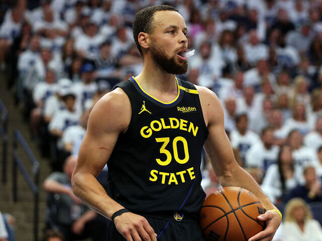 MINNEAPOLIS, MINNESOTA - MAY 06: Stephen Curry #30 of the Golden State Warriors looks on against the Minnesota Timberwolves in the second quarter of Game One of the Second Round of the 2025 NBA Playoffs at Target Center on May 06, 2025 in Minneapolis, Minnesota. The Warriors defeated the Timberwolves 99-88 to take a 1-0 series lead.