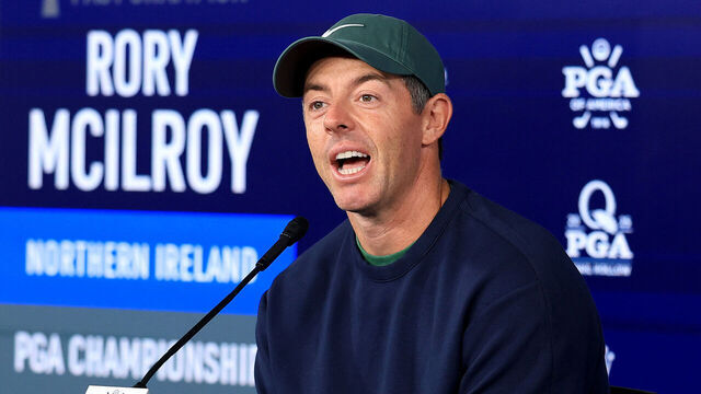 CHARLOTTE, NORTH CAROLINA - MAY 14: Rory McIlroy of Northern Ireland speaks to the media during his pre-tournament media conference prior to the PGA Championship at Quail Hollow Country Club on May 14, 2025 in Charlotte, North Carolina.