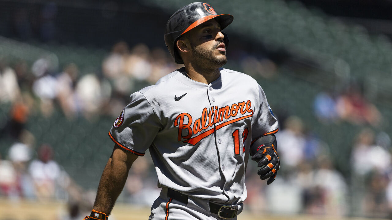 MINNEAPOLIS, MINNESOTA - MAY 08: Ramón Laureano #12 of the Baltimore Orioles heads to first base after being walked in the second inning of a game against the Minnesota Twins at Target Field on May 8, 2025 in Minneapolis, Minnesota.