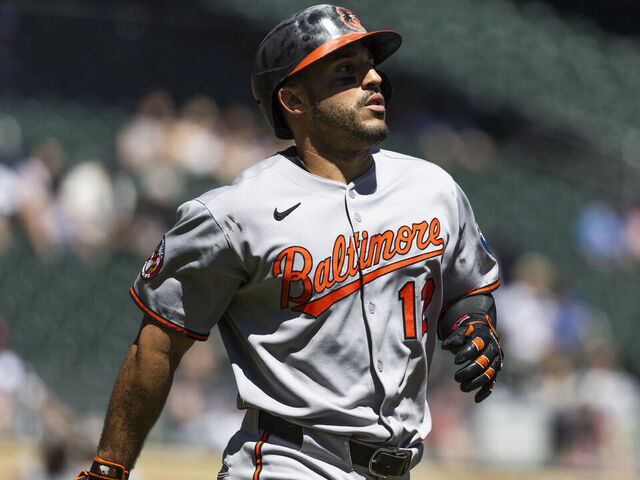 MINNEAPOLIS, MINNESOTA - MAY 08: Ramón Laureano #12 of the Baltimore Orioles heads to first base after being walked in the second inning of a game against the Minnesota Twins at Target Field on May 8, 2025 in Minneapolis, Minnesota.