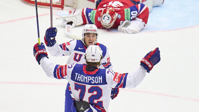 HERNING, DENMARK - MAY 14: Tage Thompson of United States celebrate his sudden death goal 5-6 with Clayton Keller of United States while Tobias Normann #30 goalie of Norway sad during the 2025 Ice Hockey World Championship match between United States and Norway at Jyske Bank Arena on May 14, 2025 in Herning, Denmark.