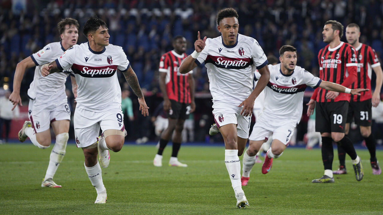 ROME, ITALY - MAY 14: Dan Ndoye of Bologna FC celebrate after scoring a goal during the Coppa Italia Final match between AC Milan and Bologna at Stadio Olimpico on May 14, 2025 in Rome, Italy.