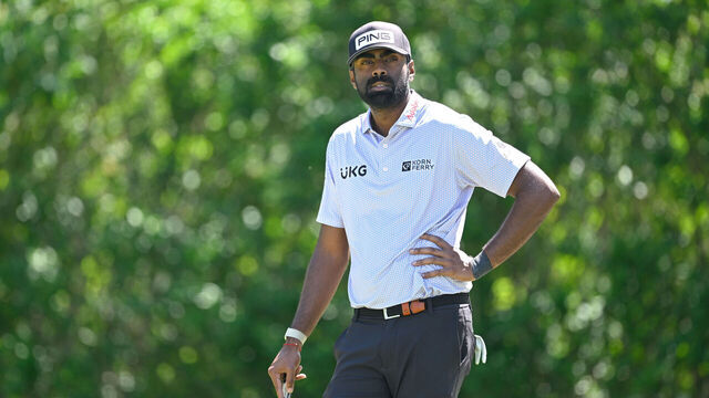 FLOURTOWN, PHILADELPHIA - MAY 08: Sahith Theegala stands on the second green during the first round of Truist Championship at The Philadelphia Cricket Club (Wissahickon Course) on May 8, 2025 in Flourtown, Philadelphia.