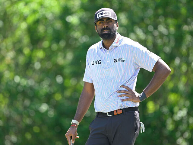 FLOURTOWN, PHILADELPHIA - MAY 08: Sahith Theegala stands on the second green during the first round of Truist Championship at The Philadelphia Cricket Club (Wissahickon Course) on May 8, 2025 in Flourtown, Philadelphia.