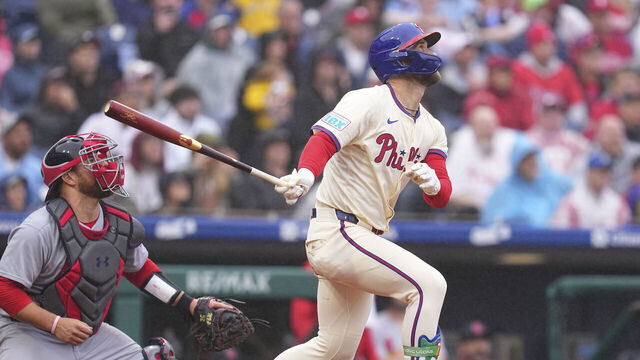 PHILADELPHIA, PENNSYLVANIA - MAY 14: Bryce Harper #3 of the Philadelphia Phillies hits an RBI single in the bottom of the seventh inning against the St. Louis Cardinals during game one of a doubleheader at Citizens Bank Park on May 14, 2025 in Philadelphia, Pennsylvania. The Phillies defeated the Cardinals 2-1.