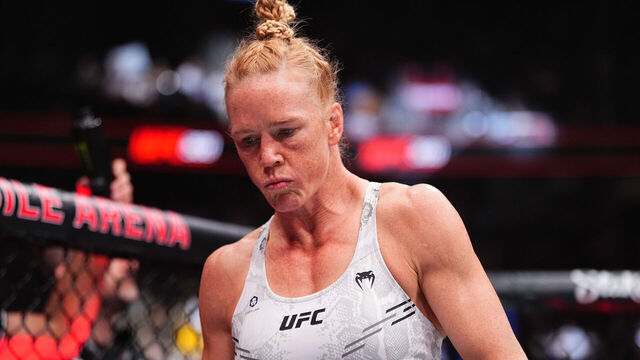 LAS VEGAS, NEVADA - APRIL 13: Holly Holm enters the Octagon in a bantamweight fight during the UFC 300 event at T-Mobile Arena on April 13, 2024 in Las Vegas, Nevada.