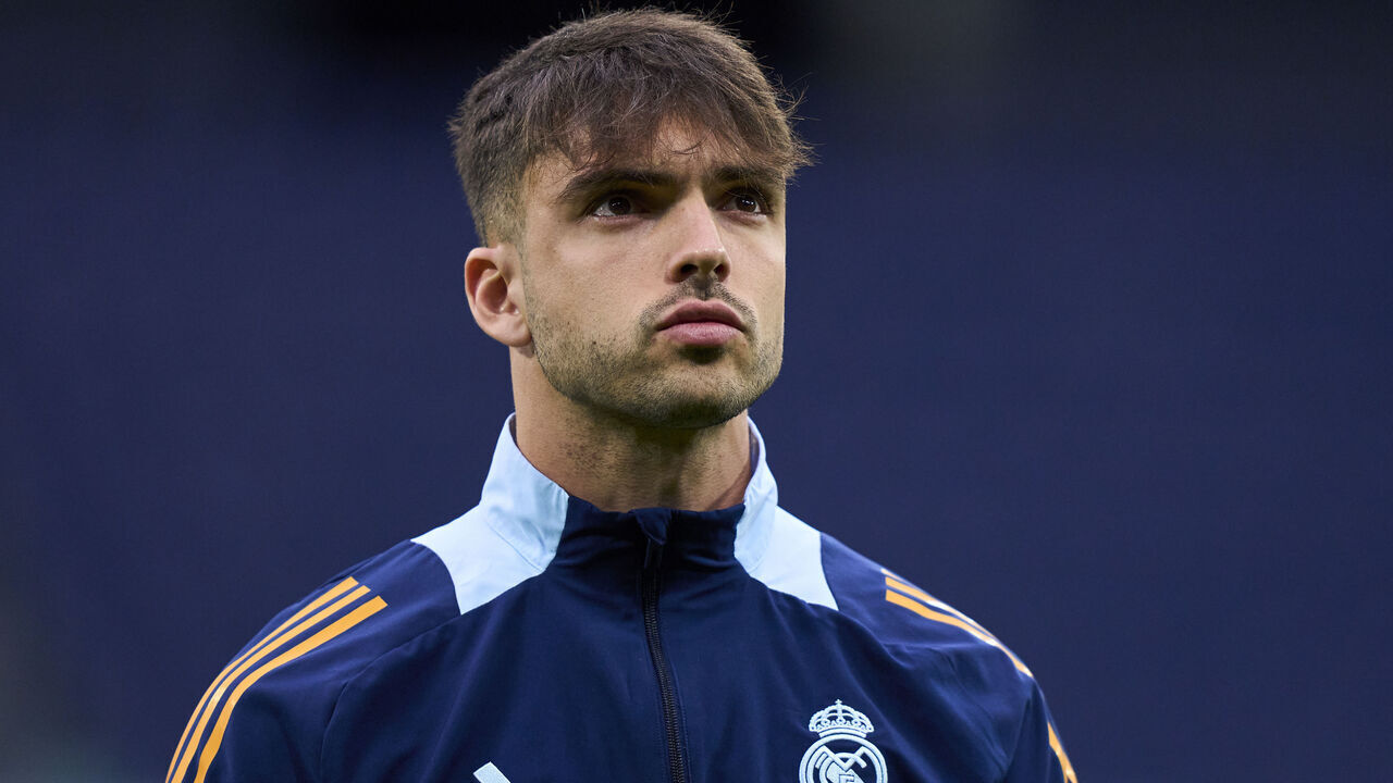MADRID, SPAIN - APRIL 20: Raul Asencio of Real Madrid CF looks on prior the game the LaLiga match between Real Madrid CF and Athletic Club at Estadio Santiago Bernabeu on April 20, 2025 in Madrid, Spain.