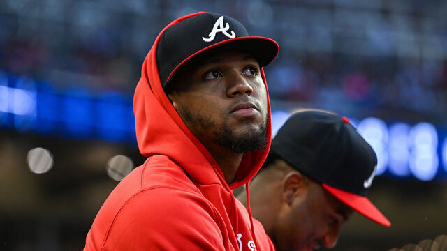 ATLANTA, GA SEPTEMBER 13: Injured Atlanta outfielder Ronald Acuna Jr. (13) in the dugout during the MLB game between the Los Angeles Dodgers and the Atlanta Braves on September 13th, 2024 at Truist Park in Atlanta, GA.
