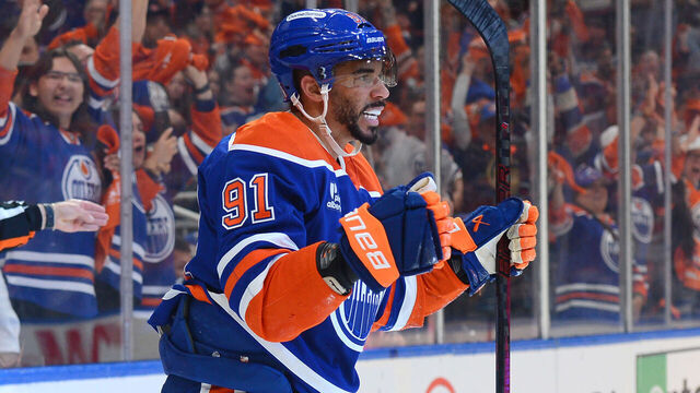 EDMONTON, CANADA - MAY 12: Evander Kane #91 of the Edmonton Oilers celebrates a second-period goal against the Vegas Golden Knights during Game Four of the Second Round of the 2025 Stanley Cup Playoffs at Rogers Place on May 12, 2025, in Edmonton, Alberta, Canada.