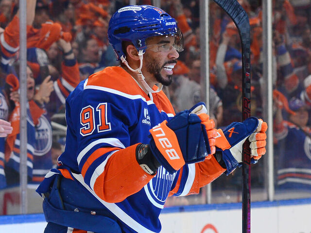 EDMONTON, CANADA - MAY 12: Evander Kane #91 of the Edmonton Oilers celebrates a second-period goal against the Vegas Golden Knights during Game Four of the Second Round of the 2025 Stanley Cup Playoffs at Rogers Place on May 12, 2025, in Edmonton, Alberta, Canada.