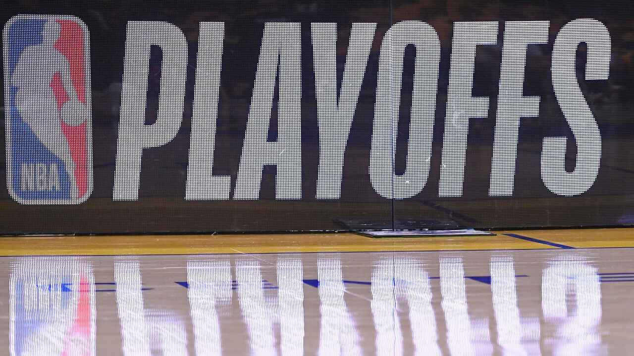SAN FRANCISCO, CA - MAY 10: Close up of the Playoffs logo during the game between the Golden State Warriors and the Minnesota Timberwolves during Round 2 Game 3 of the 2025 NBA Playoffs on May 10, 2025 at Chase Center in San Francisco, California. NOTE TO USER: User expressly acknowledges and agrees that, by downloading and or using this photograph, user is consenting to the terms and conditions of Getty Images License Agreement. Mandatory Copyright Notice: Copyright 2025 NBAE