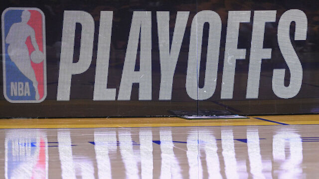 SAN FRANCISCO, CA - MAY 10: Close up of the Playoffs logo during the game between the Golden State Warriors and the Minnesota Timberwolves during Round 2 Game 3 of the 2025 NBA Playoffs on May 10, 2025 at Chase Center in San Francisco, California. NOTE TO USER: User expressly acknowledges and agrees that, by downloading and or using this photograph, user is consenting to the terms and conditions of Getty Images License Agreement. Mandatory Copyright Notice: Copyright 2025 NBAE