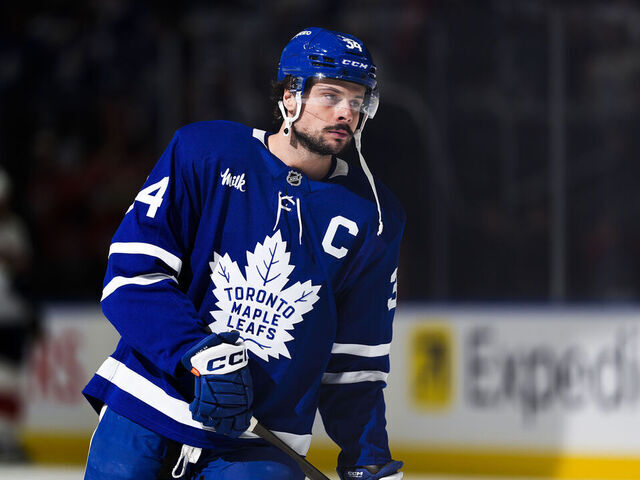 TORONTO, ON - MAY 14: Auston Matthews #34 of the Toronto Maple Leafs warms-up before Game Five of the Second Round of the 2025 Stanley Cup Playoffs against the Florida Panthers at the Scotiabank Arena on May 14, 2025 in Toronto, Ontario, Canada.