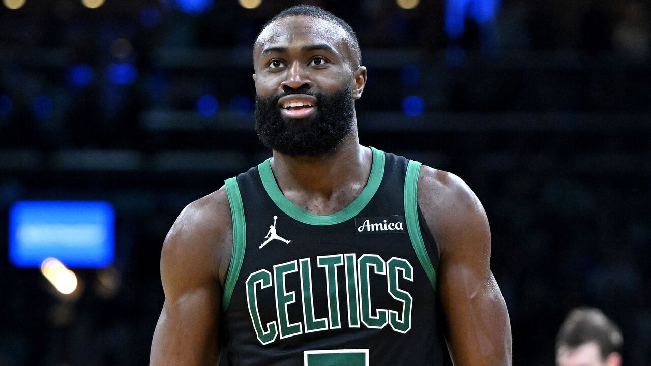 BOSTON, MASSACHUSETTS - MAY 14: Jaylen Brown #7 of the Boston Celtics reacts against the New York Knicks during the third quarter in Game Five of the Eastern Conference Second Round NBA Playoffs at TD Garden on May 14, 2025 in Boston, Massachusetts.