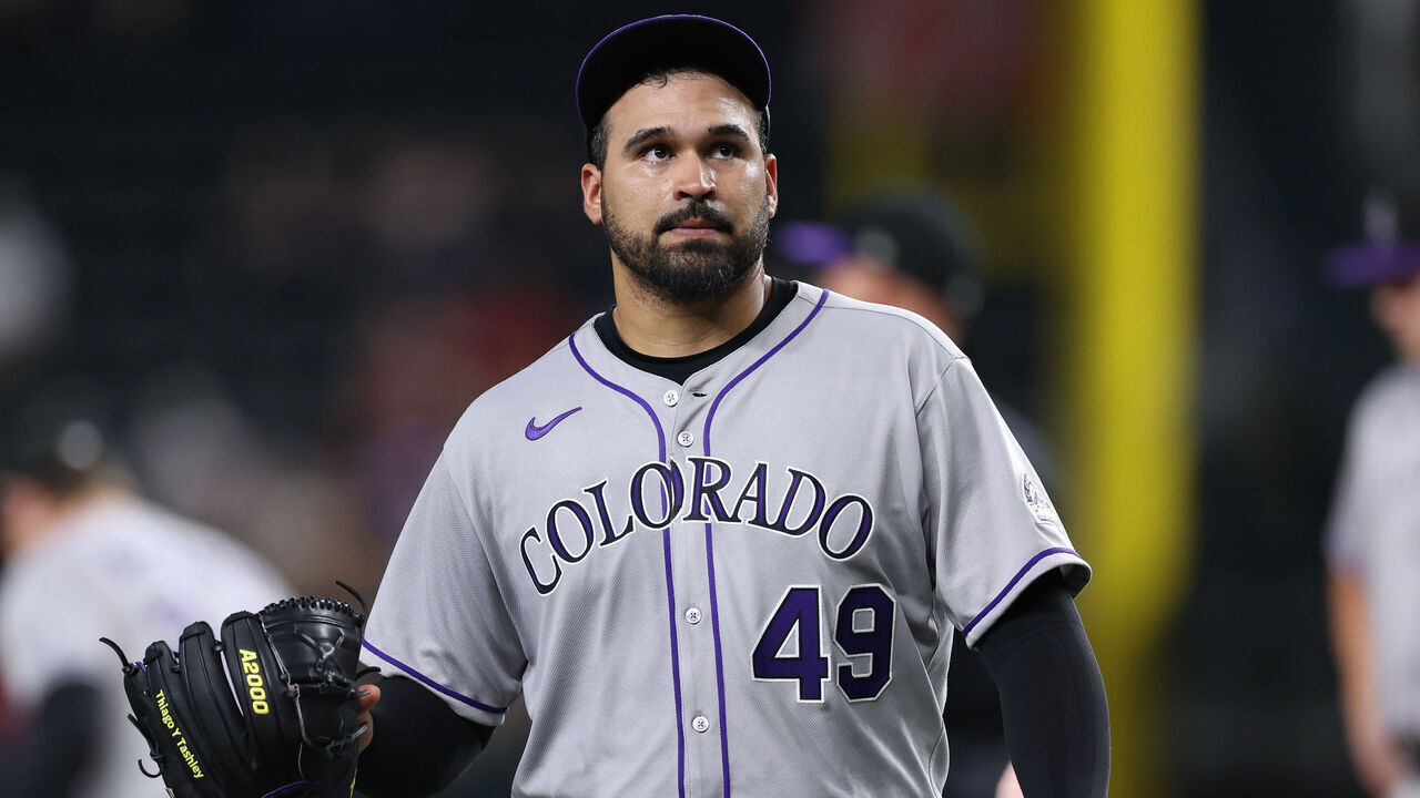 ARLINGTON, TEXAS - MAY 14: Antonio Senzatela #49 of the Colorado Rockies walks back to his dugout after being removed from the game in the fifth inning against the Texas Rangers at Globe Life Field on May 14, 2025 in Arlington, Texas.