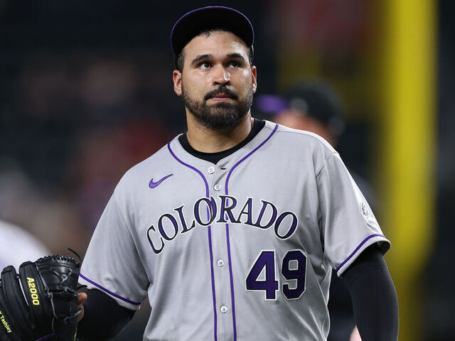 ARLINGTON, TEXAS - MAY 14: Antonio Senzatela #49 of the Colorado Rockies walks back to his dugout after being removed from the game in the fifth inning against the Texas Rangers at Globe Life Field on May 14, 2025 in Arlington, Texas.