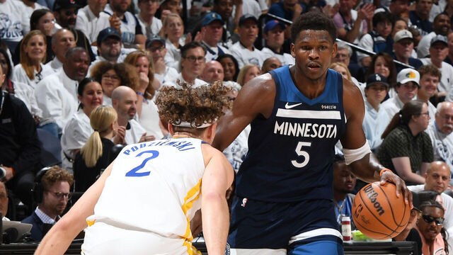 MINNEAPOLIS, MN - MAY 14: Anthony Edwards #5 of the Minnesota Timberwolves dribbles the ball during the game against the Golden State Warriors during Round 2 Game 5 of the 2025 NBA Playoffs on May 14, 2025 at Target Center in Minneapolis, Minnesota. Mandatory Copyright Notice: Copyright 2025 NBAE