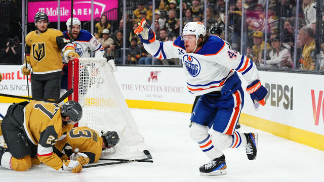 LAS VEGAS, NEVADA - MAY 14: Kasperi Kapanen #42 of the Edmonton Oilers celebrates after scoring the game-winning goal in overtime to defeat the Vegas Golden Knights in Game Five of the Second Round of the 2025 Stanley Cup Playoffs at T-Mobile Arena on May 14, 2025 in Las Vegas, Nevada.