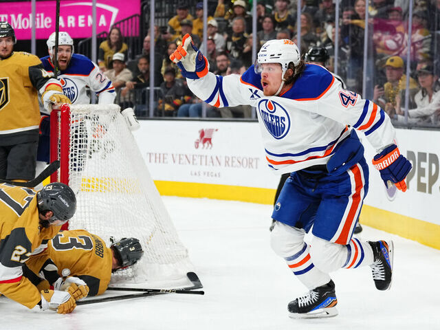 LAS VEGAS, NEVADA - MAY 14: Kasperi Kapanen #42 of the Edmonton Oilers celebrates after scoring the game-winning goal in overtime to defeat the Vegas Golden Knights in Game Five of the Second Round of the 2025 Stanley Cup Playoffs at T-Mobile Arena on May 14, 2025 in Las Vegas, Nevada.
