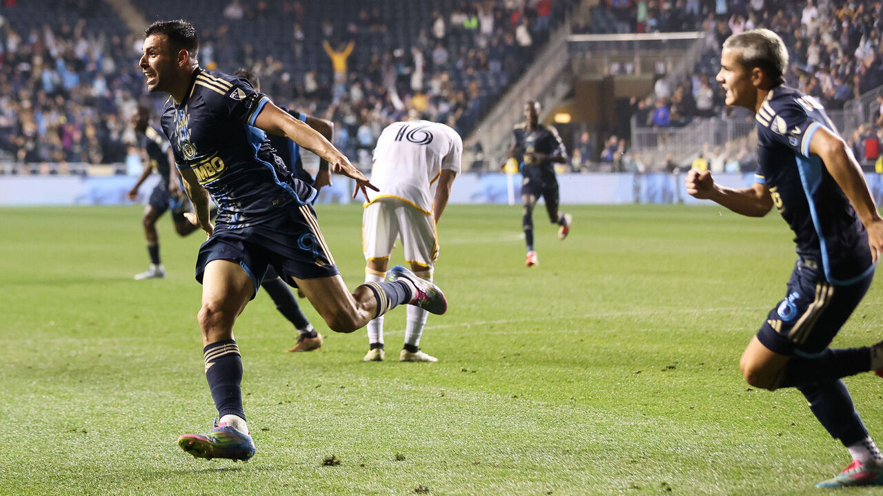 CHESTER, PENNSYLVANIA - MAY 14: Tai Baribo #9 of Philadelphia Union reacts with Cavan Sullivan #6 of Philadelphia Union after scoring the game winning goal during stoppage time in the second half against the Los Angeles Galaxy at Subaru Park on May 14, 2025 in Chester, Pennsylvania.