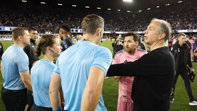 SAN JOSE, CALIFORNIA - MAY 14: Lionel Messi #10 of Inter Miami CF argues with referees at the end of the match between San Jose Earthquakes and Inter Miami CF at PayPal Park on May 14, 2025 in San Jose, California.