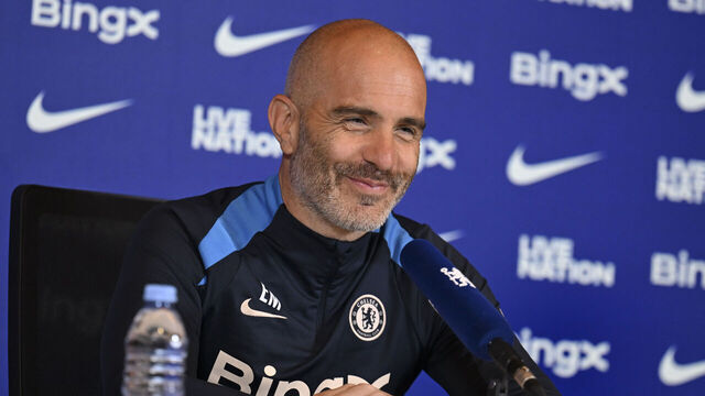COBHAM, ENGLAND - MAY 15: Head Coach Enzo Maresca of Chelsea during a press conference at Chelsea Training Ground on May 15, 2025 in Cobham, England.
