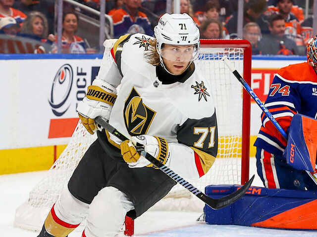 EDMONTON, AB - MAY 12: Las Vegas Golden Knights Center William Karlsson (71) in action skates past Edmonton Oilers Goalie Stuart Skinner (74) in the second period of the Stanley Cup Playoffs Second Round Edmonton Oilers game versus the Las Vegas Golden Knights on May 12, 2025 at Rogers Place in Edmonton, AB.