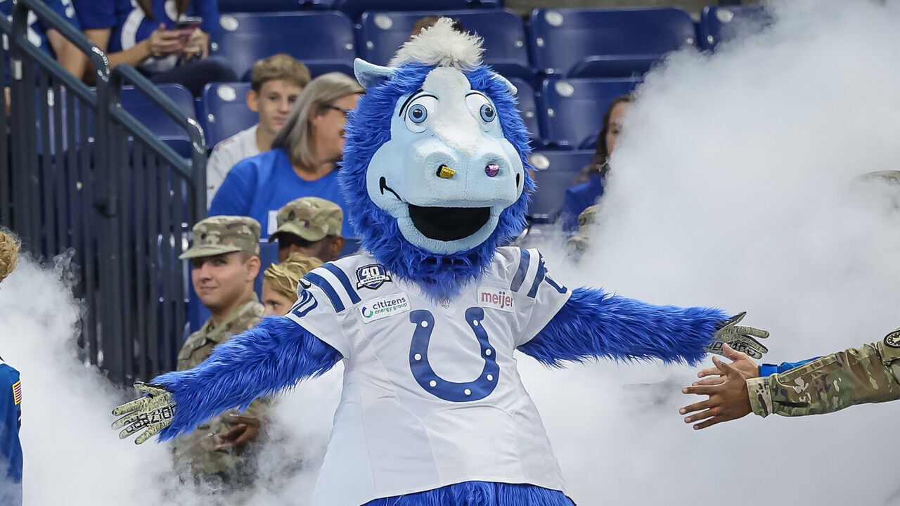 INDIANAPOLIS, INDIANA - OCTOBER 1: Indianapolis Colts mascot Blue is seen before the game against the Los Angeles Rams at Lucas Oil Stadium on October 1, 2023 in Indianapolis, Indiana.
