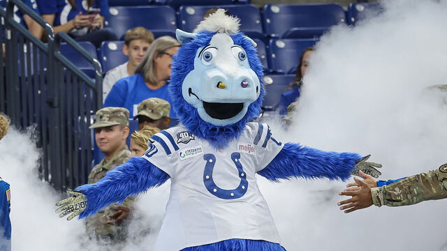 INDIANAPOLIS, INDIANA - OCTOBER 1: Indianapolis Colts mascot Blue is seen before the game against the Los Angeles Rams at Lucas Oil Stadium on October 1, 2023 in Indianapolis, Indiana.