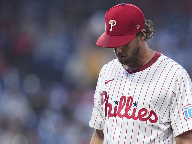 PHILADELPHIA, PENNSYLVANIA - MAY 14: Aaron Nola #27 of the Philadelphia Phillies walks to the dugout after being removed from the game in the top of the fourth inning against the St. Louis Cardinals during game two of a doubleheader at Citizens Bank Park on May 14, 2025 in Philadelphia, Pennsylvania. The Cardinals defeated the Phillies 14-7.
