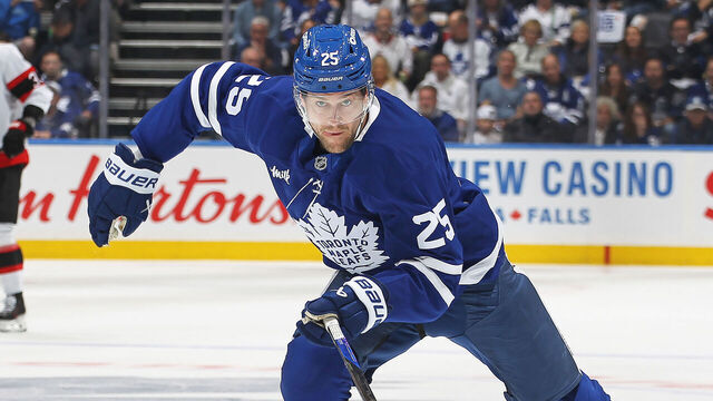 TORONTO, CANADA - APRIL 29: Brandon Carlo #25 of the Toronto Maple Leafs skates against the Ottawa Senators during the first period in Game Five of the First Round of the 2025 Stanley Cup Playoffs at Scotiabank Arena on April 29, 2025 in Toronto, Ontario, Canada.