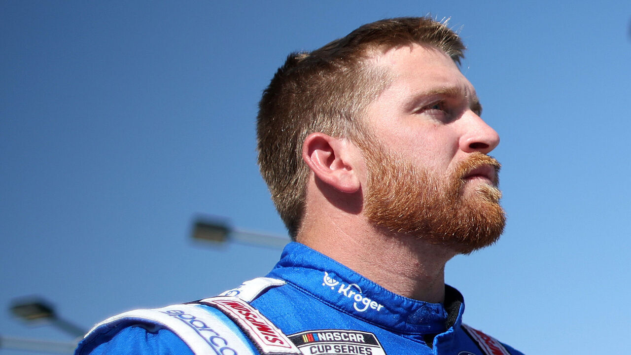 KANSAS CITY, KANSAS - MAY 10: Chris Buescher, driver of the #17 Kroger/Kleenex Ford, looks on during qualifying for the NASCAR Cup Series AdventHealth 400 at Kansas Speedway on May 10, 2025 in Kansas City, Kansas.