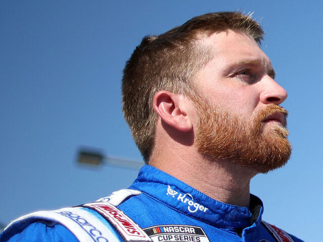 KANSAS CITY, KANSAS - MAY 10: Chris Buescher, driver of the #17 Kroger/Kleenex Ford, looks on during qualifying for the NASCAR Cup Series AdventHealth 400 at Kansas Speedway on May 10, 2025 in Kansas City, Kansas.