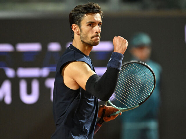ROME, ITALY - MAY 14: Lorenzo Musetti of Italy celebrates against Alexander Zverev of Germany during the Men's Singles quarter-final match on Day Ten of the Internazionali BNL D'Italia 2025 at Foro Italico on May 14, 2025 in Rome, Italy.