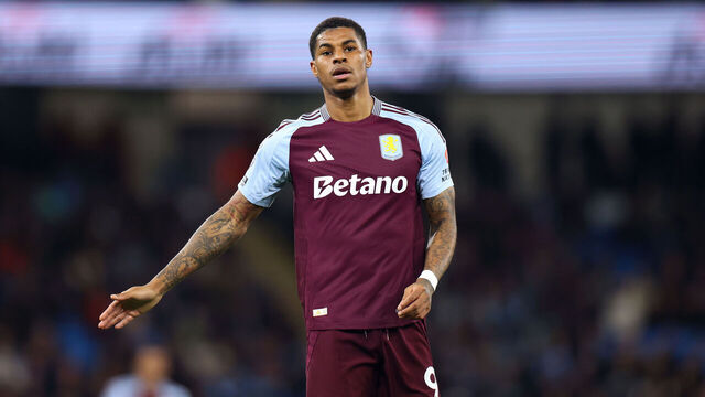 MANCHESTER, ENGLAND - APRIL 22: Marcus Rashford of Aston Villa reacts during the Premier League match between Manchester City FC and Aston Villa FC at Etihad Stadium on April 22, 2025 in Manchester, England.