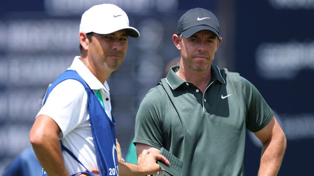 CHARLOTTE, NORTH CAROLINA - MAY 15: Rory McIlroy of Northern Ireland and Caddie Harry Diamond look on from the fourth green during the first round of the PGA Championship at Quail Hollow Country Club on May 15, 2025 in Charlotte, North Carolina.