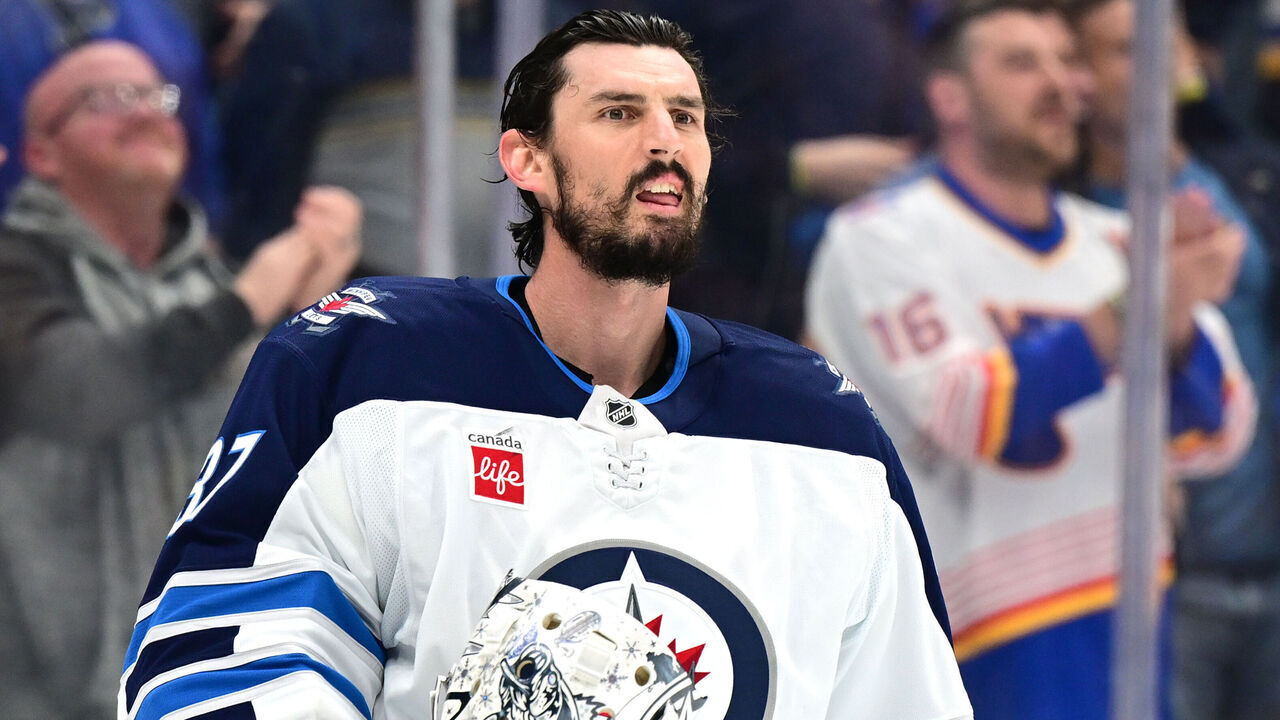 ST. LOUIS, MO - MAY 02: Winnipeg Jets goaltender Connor Hellebuyck (37) reacts after the Blues score in the first period during the Stanley Cup Playoffs first round game six between the Winnipeg Jets and the St. Louis Blues on May 02, 2025, at Enterprise Center, St. Louis, MO.