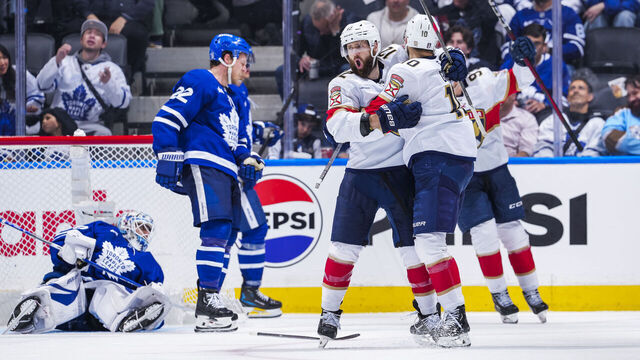 TORONTO, ON - MAY 14: A.J. Greer #10 of the Florida Panthers celebrates scoring a goal with his teammates during the third period of Game Five of the Second Round of the 2025 Stanley Cup Playoffs against the Toronto Maple Leafs at the Scotiabank Arena on May 14, 2025 in Toronto, Ontario, Canada.