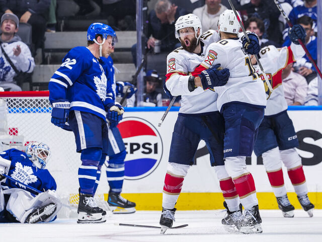TORONTO, ON - MAY 14: A.J. Greer #10 of the Florida Panthers celebrates scoring a goal with his teammates during the third period of Game Five of the Second Round of the 2025 Stanley Cup Playoffs against the Toronto Maple Leafs at the Scotiabank Arena on May 14, 2025 in Toronto, Ontario, Canada.