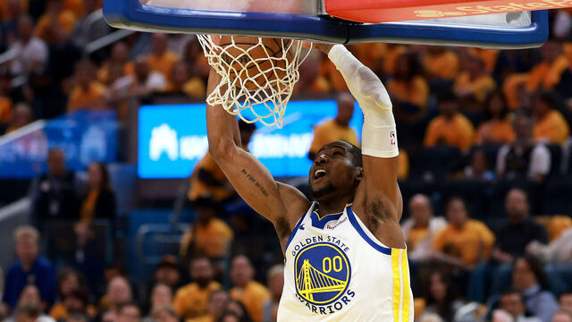 SAN FRANCISCO, CALIFORNIA - MAY 10: Jonathan Kuminga #00 of the Golden State Warriors dunks the ball against the Minnesota Timberwolves during the second quarter in Game Three of the Western Conference Second Round NBA Playoffs at Chase Center on May 10, 2025 in San Francisco, California.