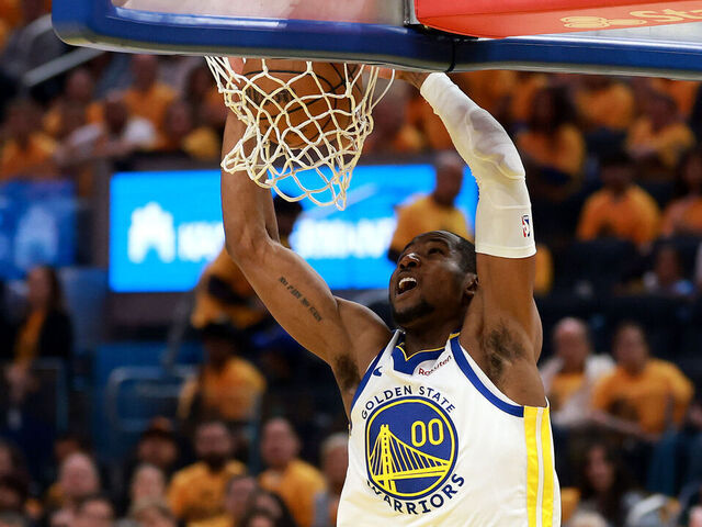 SAN FRANCISCO, CALIFORNIA - MAY 10: Jonathan Kuminga #00 of the Golden State Warriors dunks the ball against the Minnesota Timberwolves during the second quarter in Game Three of the Western Conference Second Round NBA Playoffs at Chase Center on May 10, 2025 in San Francisco, California.