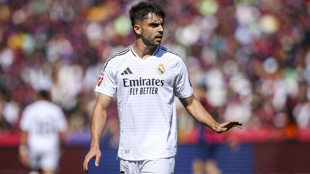 Raul Asencio of Real Madrid plays during the LaLiga EA Sports match between FC Barcelona and Real Madrid at Olimpic Lluis Companys in Barcelona, Spain, on May 12, 2025.