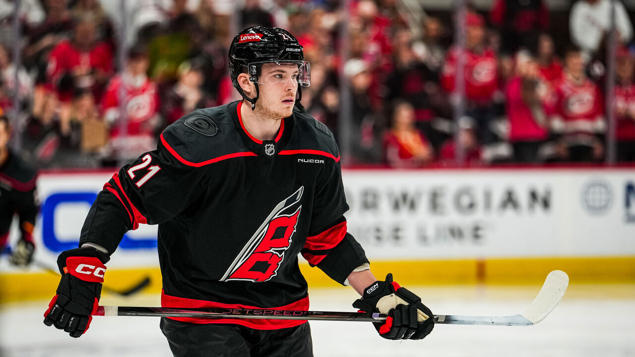 RALEIGH, NORTH CAROLINA - MAY 12: Alexander Nikishin #21 of the Carolina Hurricanes warms up prior to Game Four of the Second Round of the 2025 Stanley Cup Playoffs against the Washington Capitals at Lenovo Center on May 12, 2025 in Raleigh, North Carolina.